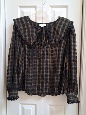 TOPSHOP Black/Pea Green Check Oversized Collar Long Sleeve Blouse sz 6